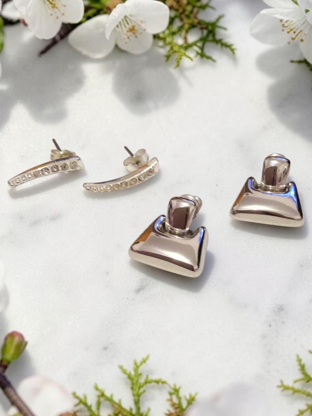 10 / $10 Silver-Tone Stud Earring Set - Sleek Geometric & Crystal Bar Styles
